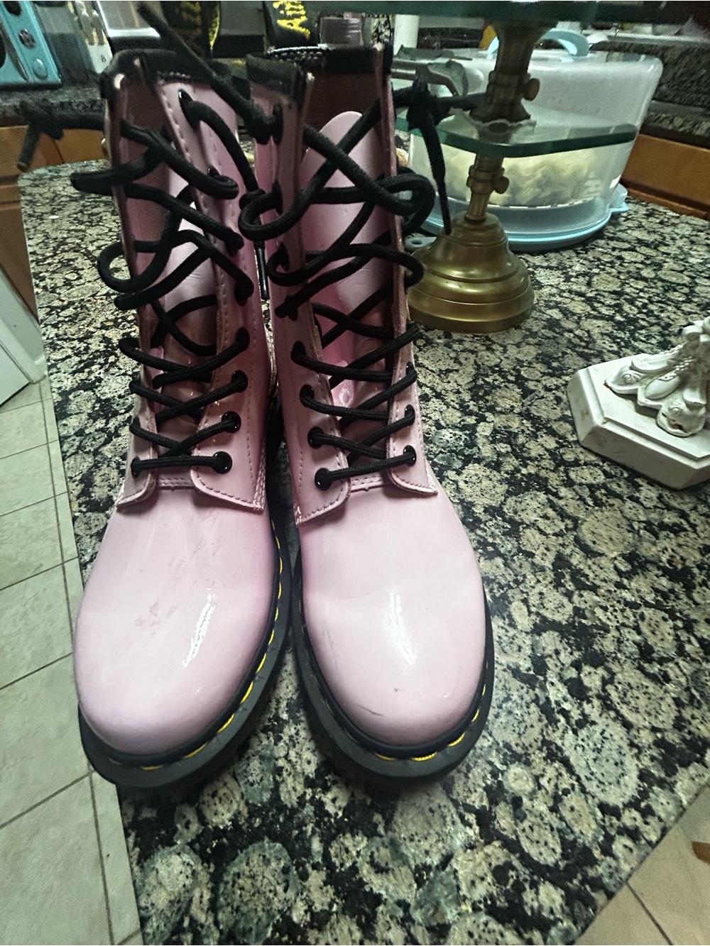 Dr. Martens Pink Patent Lace-Up Combat Boots with Black Laces